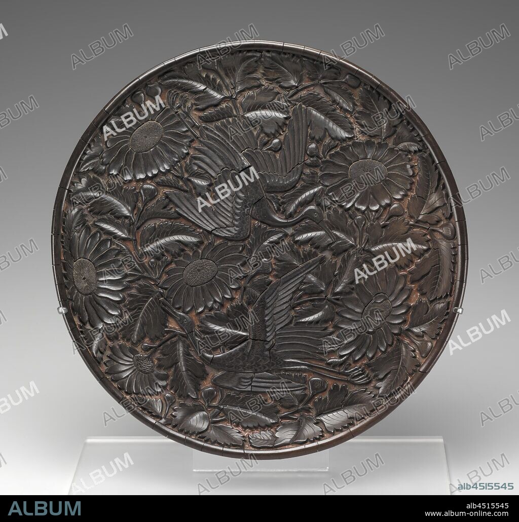 Unknown (Chinese), Tray with Design of Cranes and Chrysanthemums, first half of the 14th century, Lacquer on wood and fabric, Overall: 1 1/2 × 11 1/2 inches (3.8 × 29.2 cm).