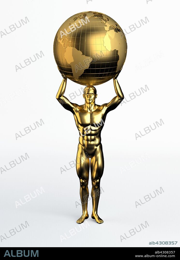 Gold statue of man holding world above head.