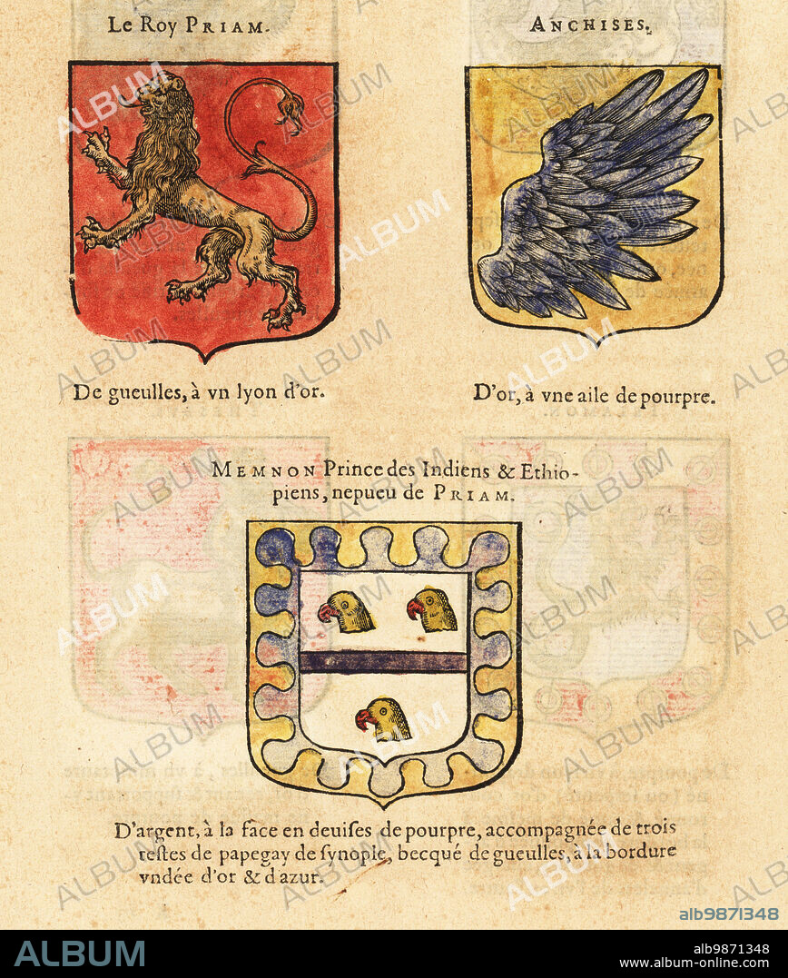 Coats of arms of mythological figures King Priam of Troy, Anchises, father of Aeneas, and Memnon, Ethiopian king, nephew of Priam. Le Roy PRIAM, ANCHISES, MEMNON Prince des Indiens & Ethiopiens, nepueu de PRIAM. Handcoloured woodblock engraving from Hierosme de Baras Le Blason des Armoiries, Chez Rolet Boutonne, Paris, 1628.