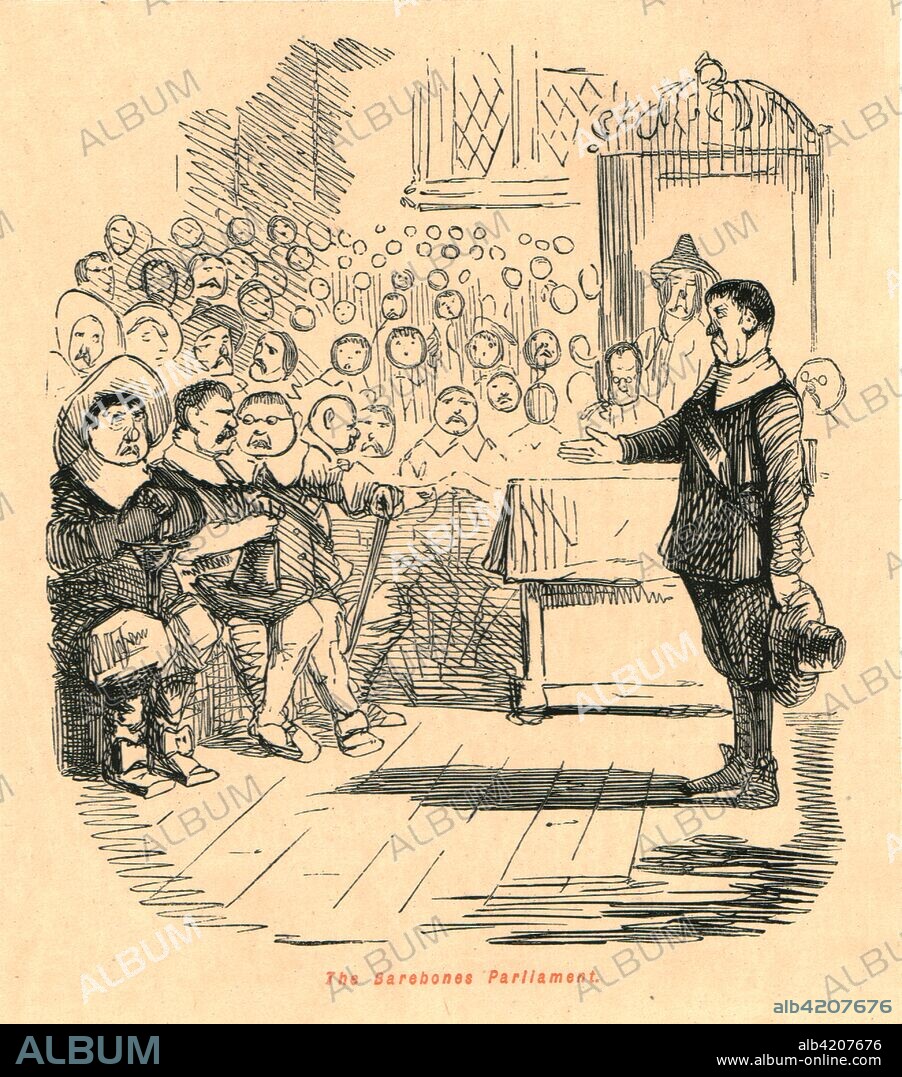 'The Barebones Parliament', 1897. Satire on English politics during the 1650s. Barebone's Parliament, which came into being on 4 July 1653, was the last attempt of the English Commonwealth to find a stable political form, before the installation of Oliver Cromwell as Lord Protector. It was named after the nominee for the City of London, Praise-God Barebone. From "The Comic History of England" by Gilbert Abbott A Beckett, with satirical illustrations by John Leech. [Bradbury, Agnew & Co, London, 1897].