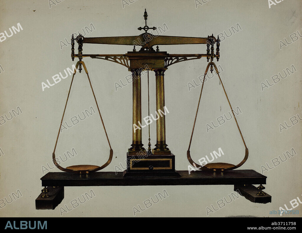 ROBERT W. R. TAYLOR. Scales for Weighing Gold. Dated: c. 1940. Dimensions: overall: 25.1 x 35.5 cm (9 7/8 x 14 in.)  Original IAD Object: 54" high; 68" wide. Medium: watercolor, graphite, and pen and ink on paper.