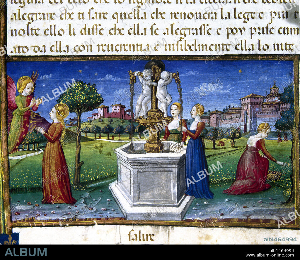 "RAFAEL VISITA A MARIA". Página miniada del CODICE DE PREDIS. Renacimiento-Quattrocento (s. XV). Biblioteca Real. Turín. Italia.