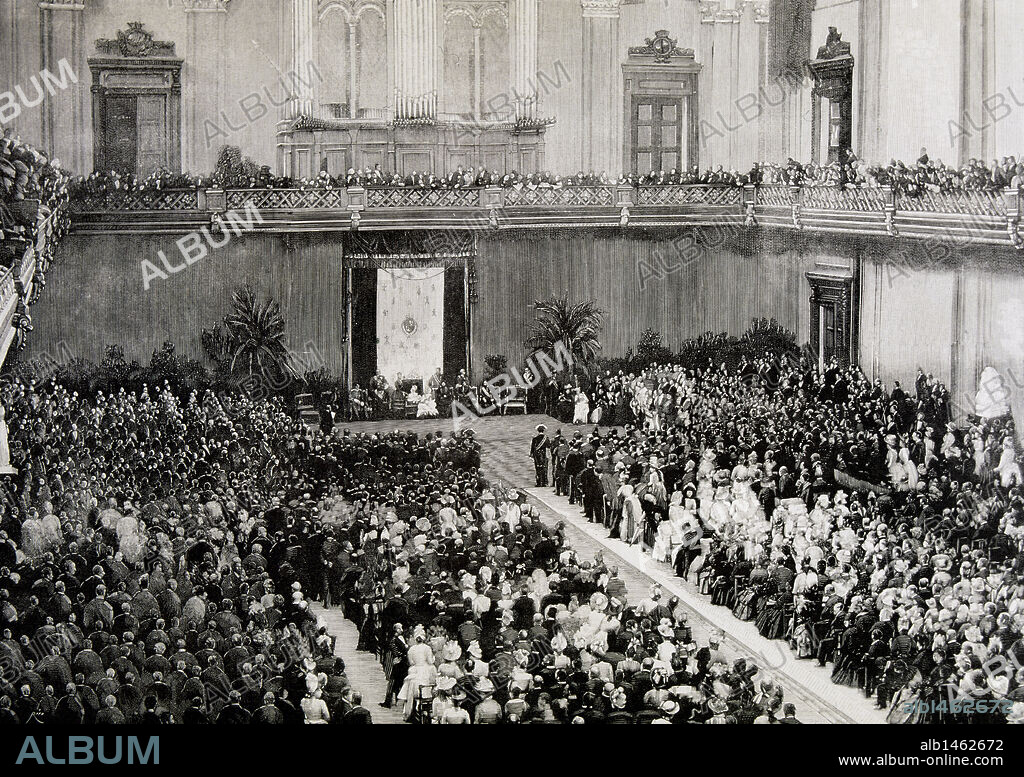 BARCELONA. EXPOSICION UNIVERSAL DE 1888. "Aspecto general del salón de fiestas del Palacio de Bellas Artes durante la ceremonia inaugural". Grabado de 'La Ilustración Española y Americana' (S. XIX) .