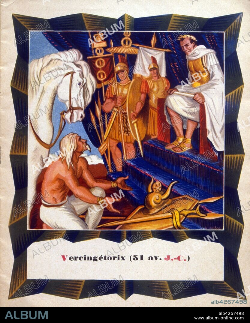 Illustration showing Vercingetorix surrendering to Julius Caesar after his defeat at the Battle of Alesia, (September, 52 BC). In order to save as many of his men as possible he gave himself to the Romans. He was held prisoner for five years. In 46 BC, he was executed by strangulation on Caesar's orders. Vercingetorix (c.?82 BC – 46 BC) was a king and chieftain of the Arverni tribe, he united the Gauls in a revolt against Roman forces during the last phase of Julius Caesar's Gallic Wars.