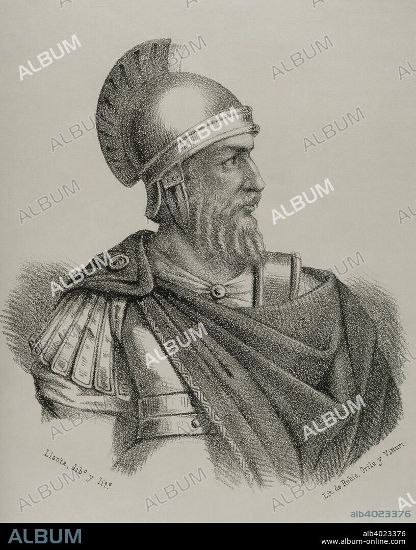 Quinto Sertorio (122 a. C. -72 a. C). Político y militar romano de la época final de la República romana. Dibujo por Llanta. Litografía. Retrato. Crónica General de España, Historia Ilustrada y Descriptiva de sus Provincias. Región de Murcia, 1870. Biblioteca Histórico Militar de Barcelona. Cataluña, España.