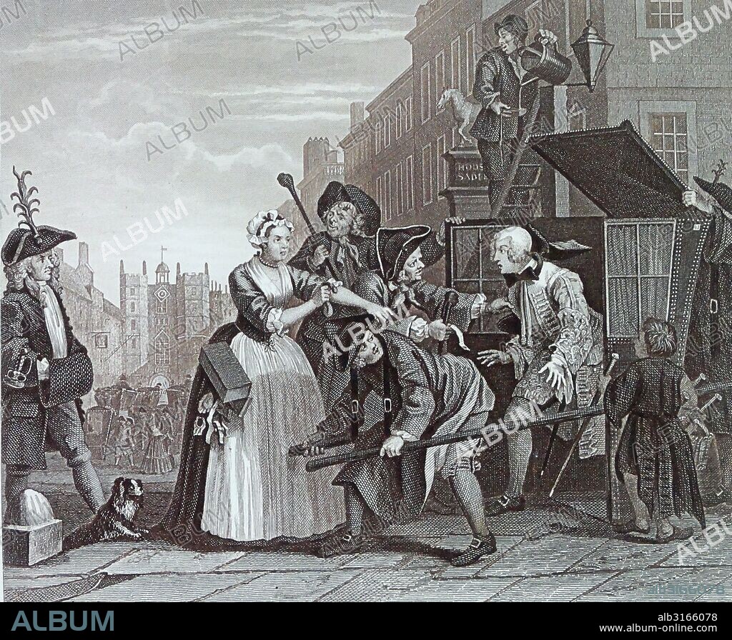 Engraving titled 'The Rake's Progress' by William Hogarth (1697-1764) English painter, printmaker, pictorial satirist, social critic, and editorial cartoonist who has been credited with pioneering western sequential art. Dated 18th Century.