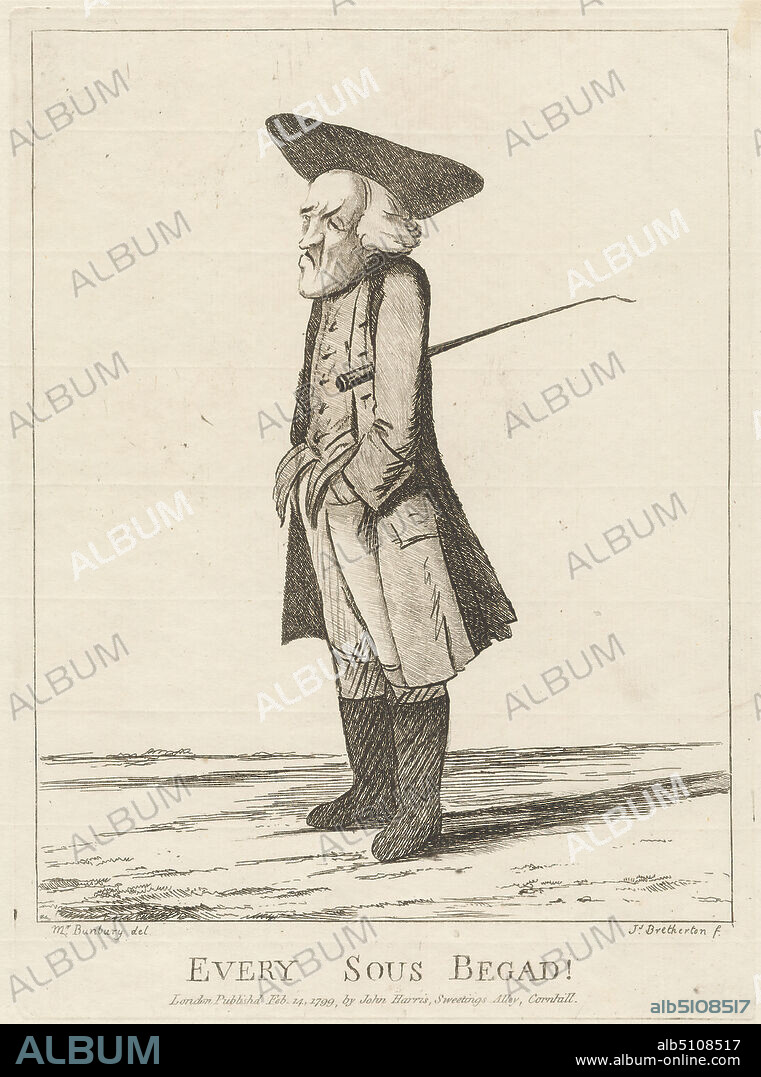 Every Sous Begad!, Print made by James Bretherton, ca. 17301806, British, after Henry William Bunbury, 17501811, British, Published by John Harris, 17701834, British, 1799, Etching on moderately thick, moderately textured, blued white laid paper, Sheet: 8 1/8 x 8 11/16 inches (20.6 x 22.1 cm), Plate: 9 5/8 x 7 1/16 inches (24.4 x 17.9 cm), and Image: 8 7/16 x 6 5/8 inches (21.5 x 16.9 cm), anger, caricature, coat, costume, frown, frowning, genre subject, humor, man, parody, pockets (costume components), riding boots, satire, tricorne, waistcoat, whip, wig.