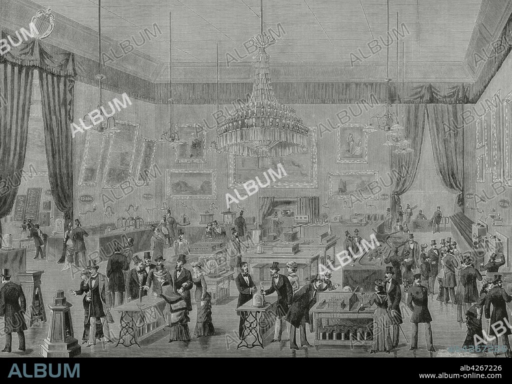 Francia. París. La primera Exposición Internacional de Electricidad, celebrada entre 15 de agosto de 1881 al 15 de noviembre de 1881 en el Palacio de la Industria. Instalación especial de Thomas Alba Edison. Grabado. La Ilustración Española y Americana,22 de octubre de 1881.