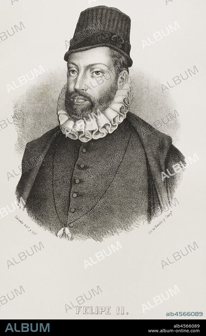 Felipe II (1527-1598). Rey de España (1556-1598), hijo de Carlos I y de la emperatriz Isabel. Dibujo por Salcedo. Litografía. Crónica General de España. Historia Ilustrada y Descriptiva de sus Provincias. Aragón, 1866. Biblioteca Histórico Militar de Barcelona, Cataluña, España.