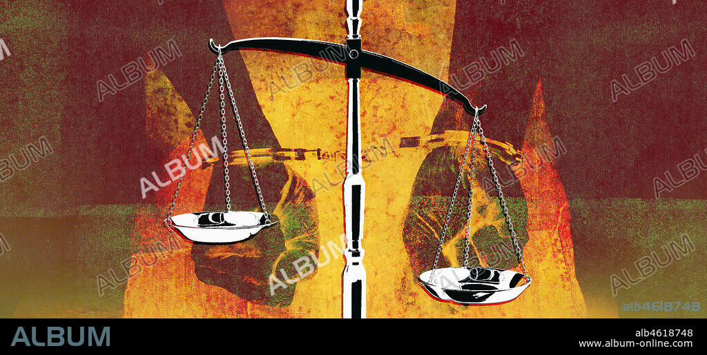 Prisoner in handcuffs and scales of justice.