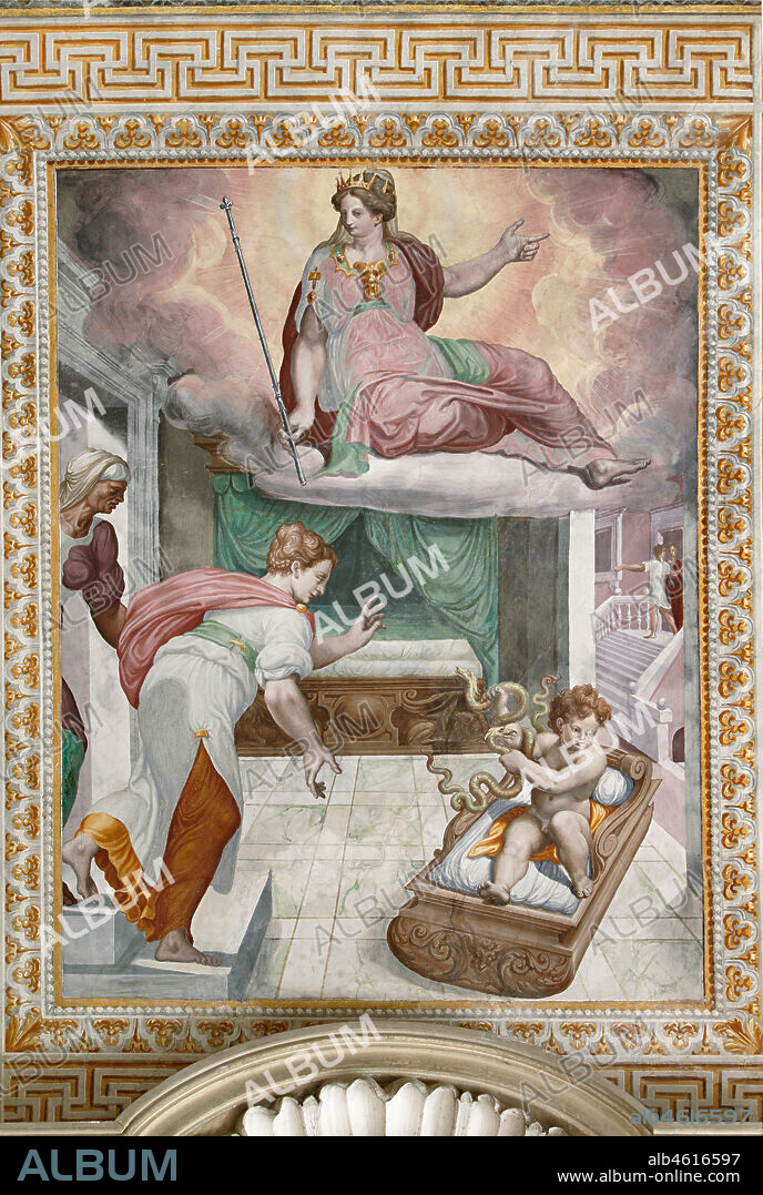 Sala Baganza (Parma), Rocca Sanvitale, Room of Hercules: view of the vault with frescoes depicting stories of Hercules, by Orazio Samacchini (maybe Bernardino Campi), 1564 - 1565. Detail with newborn Hercules fighting the snakes sent by Hera, under the gaze of his mother Alcmene.