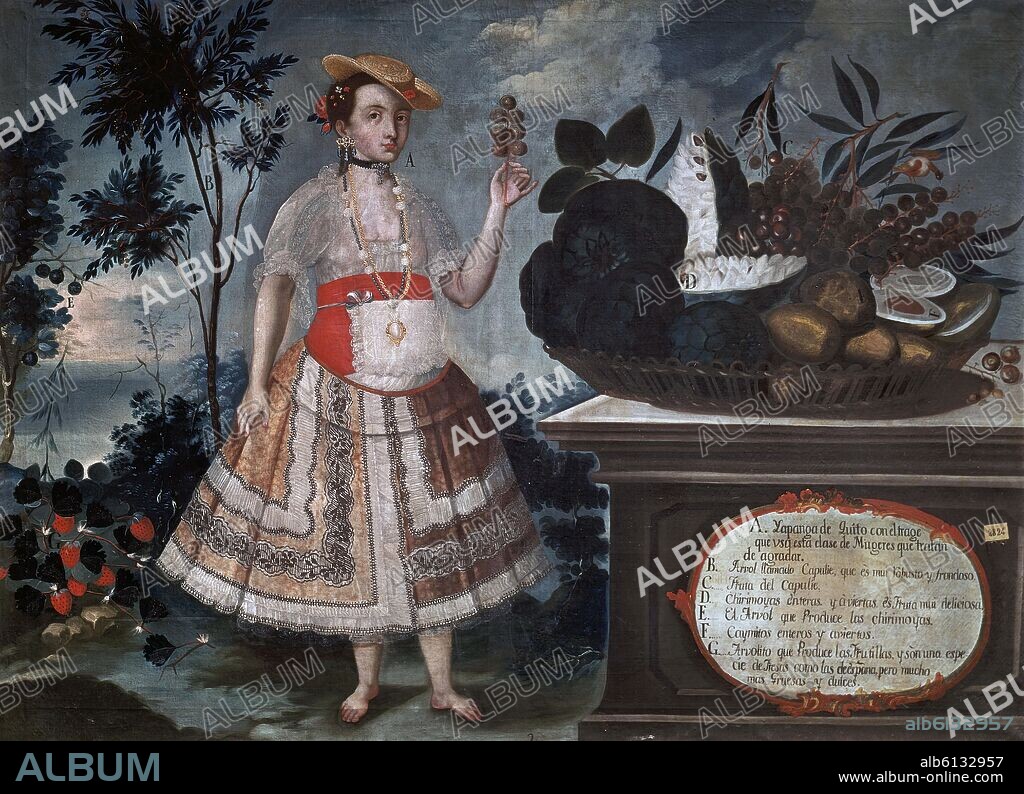 VICENTE ALBAN (1725-?). FRUTOS DE QUITO 1783-YAPANGA DE QUITO CON TRAJE TIPICO-PINTURA COLONIAL S XVIII-ESCUELA QUITEÑA.