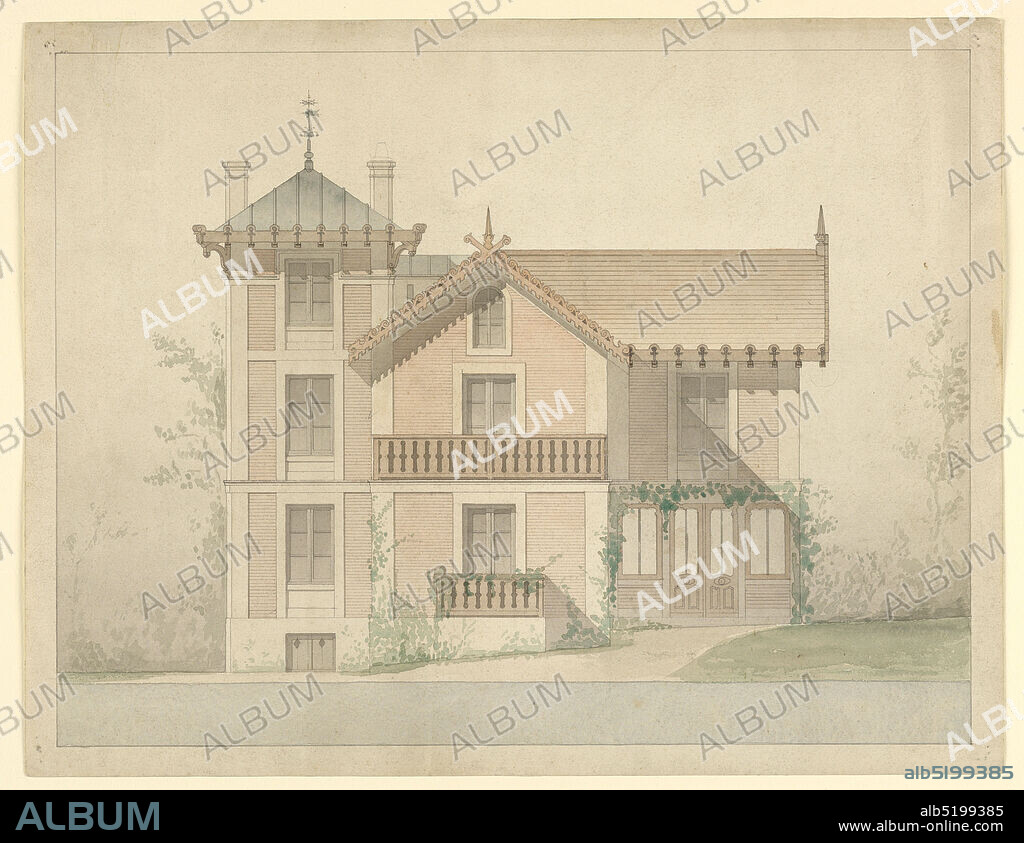 Architectural project for the house of P.J. Hetzel, Eugène Emmanuel Viollet-le-Duc, French, 1814 1879, Giuseppe Trombetta, Watercolor, pen and black ink, and graphite on heavy off-white wove paper, Architectural plan for Jules Hetzel House, 2 rue Emmanuel-Giraud [formely, 4 rue des charrons, at Bellvue], Sèvres (Hauts-de Deine), France. Proposed alteration, elevation of main facade., France, 1874, architecture, Drawing, Drawing.