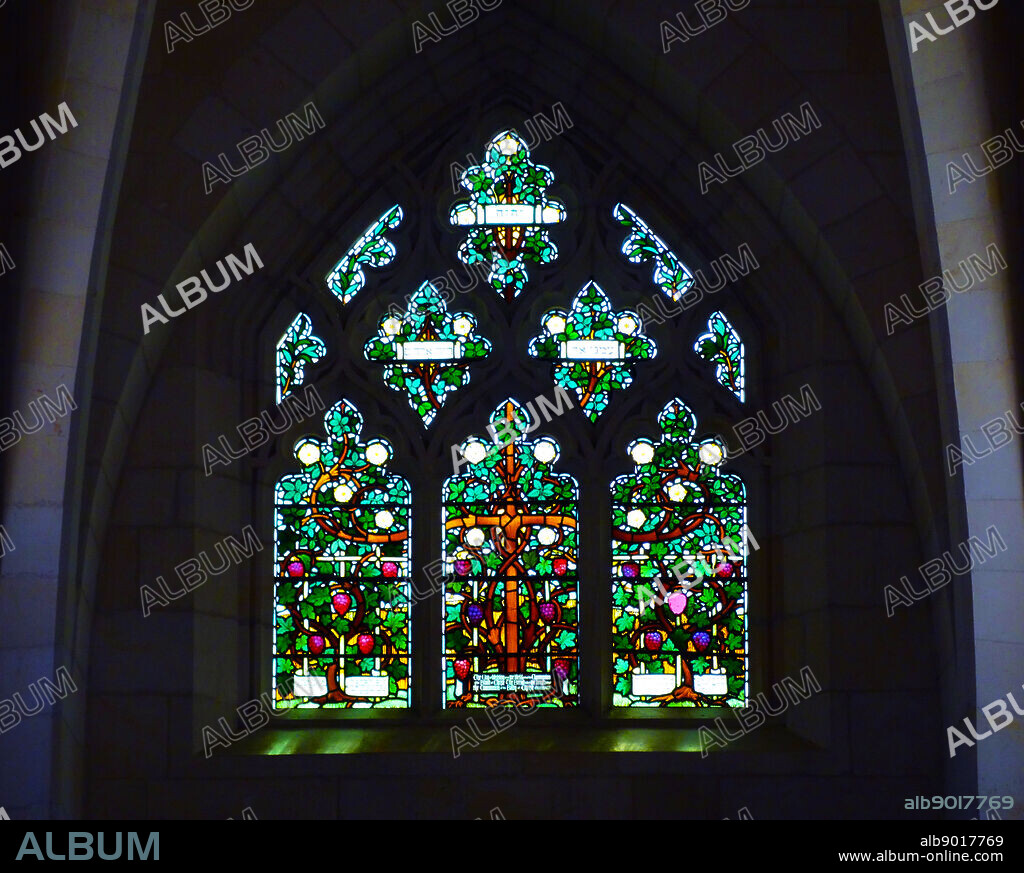 Stained glass window inside Christ Church; Jerusalem; an Anglican church located inside the Old City of Jerusalem. The building itself is part of a small compound just inside the Jaffa Gate opposite King David's Citadel. It is the oldest Protestant church in the Middle East.