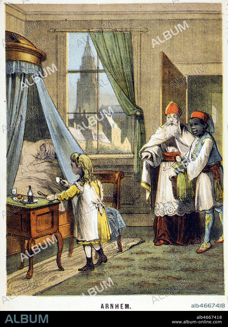 St Nicolas passe a ARNHEM avec son compagnon Pierre le Noir, le croquemitaine. ls apportent une poupee a une brave petite fille qui soigne sa maman. Lithographie in Saint Nicolas a travers les Pays-Bas, 1862. Amand, Amsterdam. Credit Collection Kharbine Tapabor.