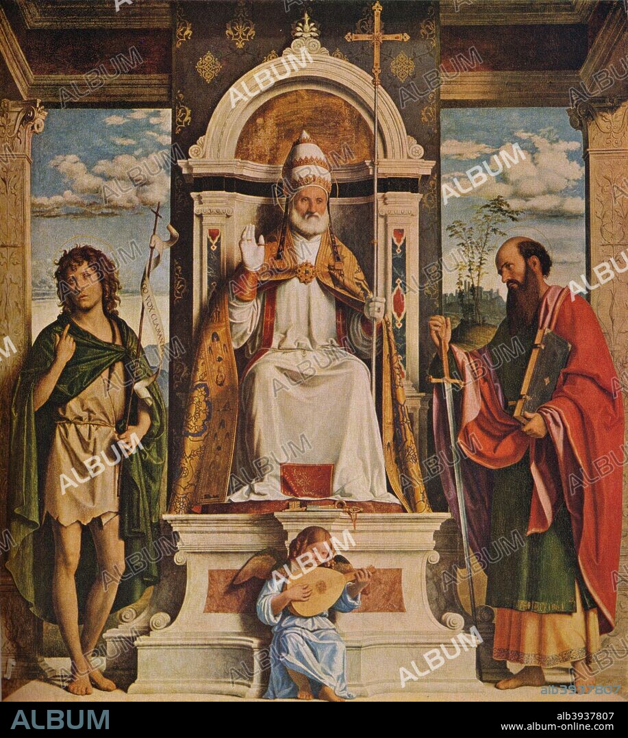 'Saint Peter enthroned with Saints, John the Baptist and Saint Paul', c1516. Painting held at the Pinacoteca di Brera, Milan. From The Connoisseur Volume 104. [Otto Limited, London, 1939].