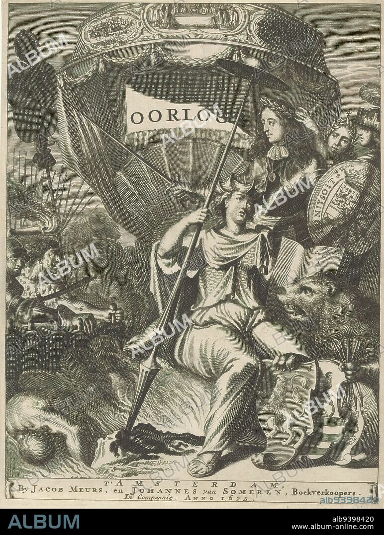 Fatherland protected by William III of Orange, Title page for: Lambert van den Bos, Tooneel des war, 1675, The personification of the fatherland sits with the liberty hat and a religious book in hand. On the left, the enemy, symbolizing England, France, Münster and Cologne, is attempting to attack her. The woman is protected by William III of Orange with sword and shield bearing his coat of arms. To the right, the Dutch Lion protects four provincial coats of arms. Behind right Peace and Victory laurels the prince., print maker: anonymous, after print by: Romeyn de Hooghe, (copy after), publisher: Jacob van Meurs, (mentioned on object), Amsterdam, 1675, paper, engraving, height 202 mm × width 153 mm.