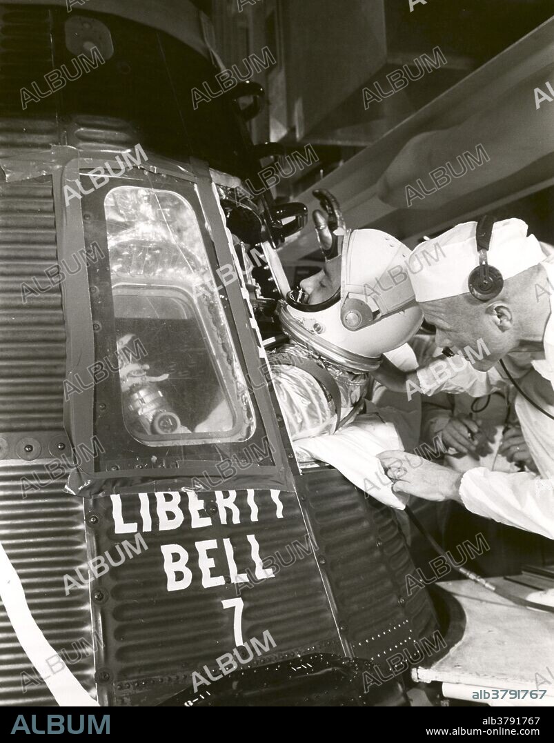 Astronaut Grissom climbs into Liberty Bell 7 spacecraft. Mercury-Redstone 4 was the second United States human spaceflight, on July 21, 1961. The suborbital Project Mercury flight was launched with a Mercury-Redstone Launch Vehicle, MRLV-8. The spacecraft, Mercury capsule #11, was named Liberty Bell 7 and piloted by astronaut Virgil I. "Gus" Grissom. The flight lasted 15 minutes 30 seconds, reached an altitude of more than 102.8 nautical miles (190.4 km) and traveled 262.5 nautical miles (486.2 km) downrange, landing in the Atlantic ocean. The flight went as expected until just after splashdown, when the hatch cover, designed to release explosively in the event of an emergency, accidentally blew. Grissom was at risk of drowning, but was recovered safely. The capsule sank into the Atlantic and was not recovered until 1999.