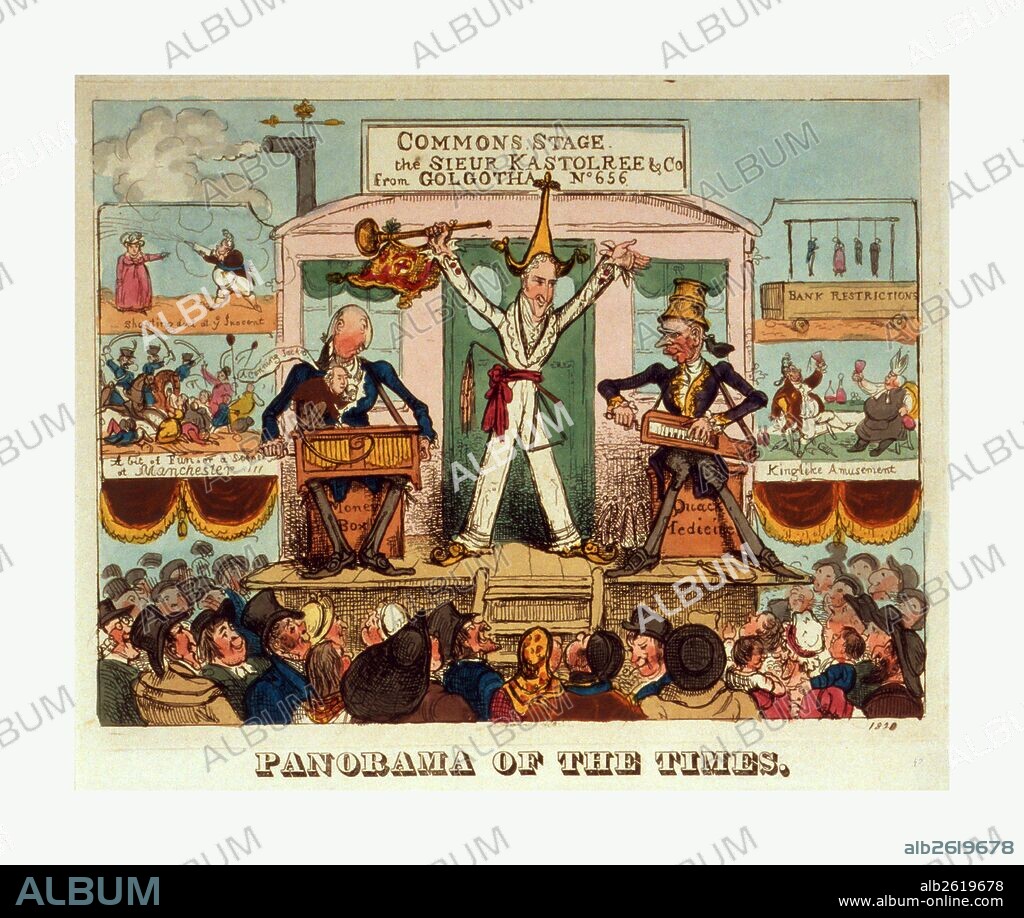 Panorama of the times, [1821?], a man, the celebrated juggler, standing on a stage greeting the audience, sitting at his sides are two hurdy-gurdy players, one on a box labeled Money Box and the other on a box labeled Quack Medicine. The stage projects from the back or side of a carriage with two panels that open to the right and left, each with two scenes, on the left, shooting dint at yo inocent (King George IV spraying Caroline) and a bit of fun or a scene at Manchester!!! (cavalry using swords to cut their way through a mob), on the right, bank restrictions (four people hanging from a gallows) and Kinglike amusement (the King(?) and bishop drinking). Includes lengthy verse which alludes to the trial of Caroline.