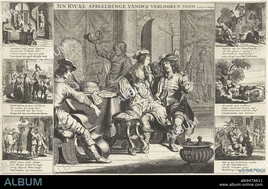 In the center, the main scene: the prodigal son in the brothel. He is seated on the right with a wine glass in his left hand, and with the other hand he is caressing a woman, who is sitting on his knee. The company further consists of an old woman, a maid, who pours a glass and a young man, who plays the bass. The main scene is surrounded by six smaller images depicting the story of the prodigal son (Luke 4:11). In lower margin vers., Story of the Prodigal Son Sin Rycke Afbeeldinge vanden Verlooren Soon , print maker: Cornelis van Dalen (I), print maker: Pieter Nolpe, (possibly), publisher: Rombout van den Hoeye, (mentioned on object), 1622 - 1665, paper, engraving, etching, h 404 mm × w 520 mm.