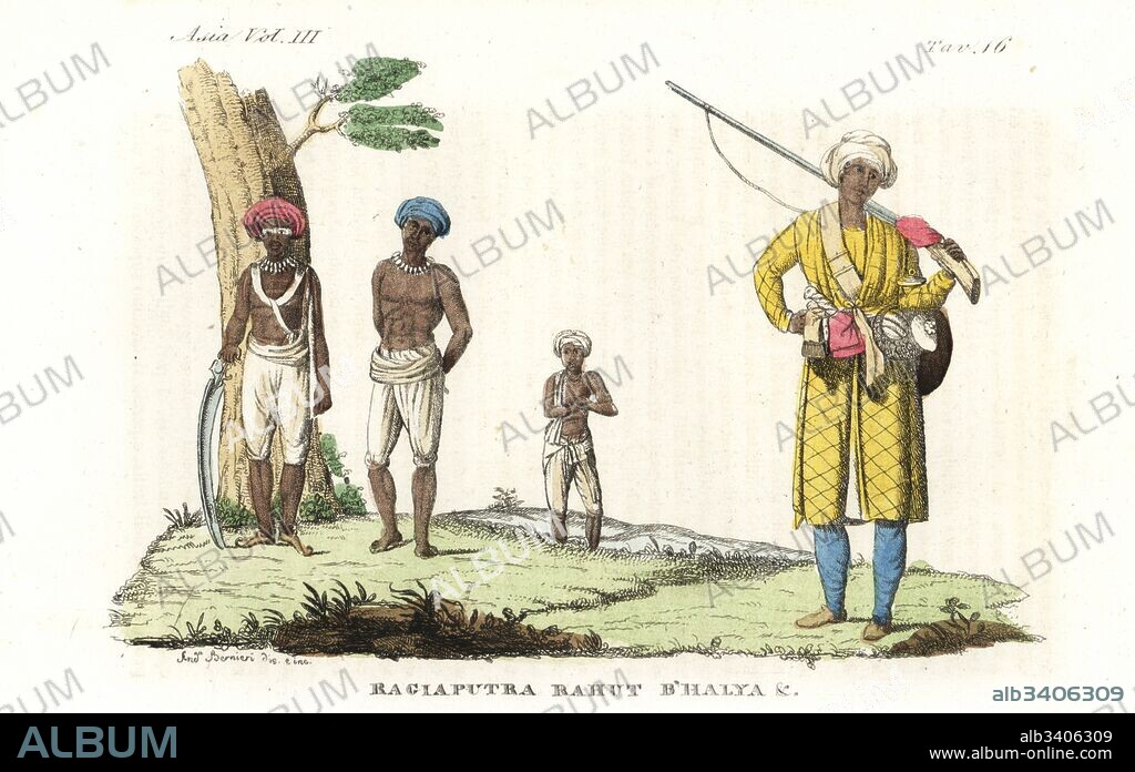 Indian warriors: Brahmin Rajput warriors in white robes at left, Rahut or Rawat mountain warrior caste in distance, and Bahelia or B'Halya soldier at right. Handcoloured copperplate engraving by Andrea Bernieri after Francois Solvyns from Giulio Ferrario's Ancient and Modern Costumes of all the Peoples of the World, Florence, Italy, 1844.