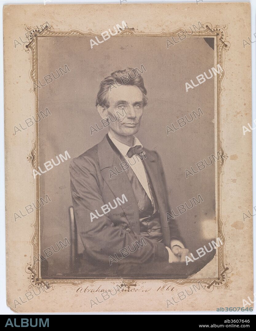 Abraham Lincoln. Artist: William Marsh (American, active Springfield, Illinois, 1850s-1860s). Dimensions: Image: 19.9 x 14.5 cm (7 13/16 x 5 11/16 in.). Person in Photograph: Abraham Lincoln (American, Hardin County, Kentucky 1809-1865 Washington, D.C.). Date: May 20, 1860.
This photograph, made in Springfield, Illinois, on May 20, 1860, was the first portrait taken of Abraham Lincoln after he had received the nomination for president at the Republican National Convention in Chicago. It is one of five photographs taken by William Marsh for Marcus L. Ward, a delegate from Newark, New Jersey. Although many in the East had read Lincoln's impassioned speeches, few had actually seen the senator from Illinois.
At fifty-one years old, Lincoln appears much younger in this photograph, innocent as yet of the great toll the presidency would take on him. His face is an odd contra diction of parts: his right eye typically wanders, his large right ear flaps behind a high cheekbone and sunken cheek, and his hair, described by Sir William Howard Russell as a "thatch of wild Republican hair," is loosely combed. He did not grow his characteristic beard until October 1860. The first president of the United States to wear a beard, Lincoln appears cleanshaven in only one-third of the more than one hundred known photographs.
Yet Lincoln is ruggedly handsome. Marsh presents the face of the prairie lawyer from the backwoods of Kentucky, the man who would declare, in support of the Union, "A house divided against itself cannot stand"; the man who only two years after this photograph was made would deliver the Emancipation Proclamation, and who, in his second inaugural address in 1865, spoke of reconstructing a vital, new country from the ashes of the South, "With malice toward none; with charity for all.".