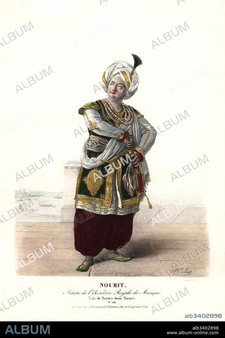 French tenor Adolphe Nourrit as the soldier Tarare in the opera Tarare by Antonio Salieri, Academie Royale de Musique, 1823. Handcoloured lithograph by F. Noel after an illustration by Alexandre-Marie Colin from Portraits d'Acteurs et d'Actrices dans different roles, F. Noel, Paris, 1825.