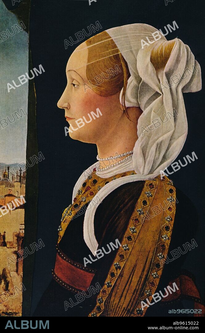 ERCOLE DE' ROBERTI. 'Ginevra Bentivoglio', 1474-1477. Ginevra Sforza (1440-1507), noblewoman, wife and counselor of Giovanni II Bentivoglio. The painting is part of the Kress Collection, National Gallery of Art, Washington DC. From Masterpieces of Painting, edited by Huntington Cairns and John Walker. [National Gallery of Art, Washington D.C., Random House, New York, N.Y. 1944].