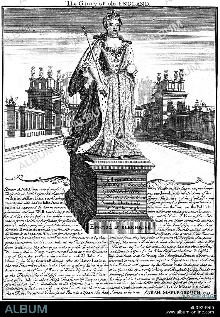 Statue of Queen Anne (1665-1714), Blenheim Palace, Oxfordshire, 1738. Anne, Queen of Great Britain and Ireland from 1702 to 1714, was the second daughter of James II and the sister of Mary II. The Act of Union between England and Scotland was passed during Anne's reign, making her the last monarch to hold the separate titles of Queen of England and Queen of Scotland.