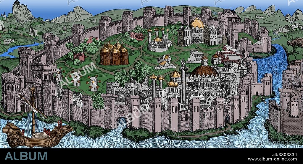 Illustration from Hartmann Schedel's, Buch der Chroniken und Geschichten, 1493. Constantinople was the capital of the Eastern Roman Empire, the Latin and the Ottoman Empires. It was founded in AD 330, at ancient Byzantium as the new capital of the Roman Empire by Constantine I. The city was the largest and wealthiest European city of the Middle Ages. An inner wall was erected by Constantine I, and the city was surrounded by a triple wall of fortifications, begun during the 5th century by Theodosius II. The city was built on seven hills as well as on the Bosporus, and thus presented an impregnable fortress enclosing magnificent palaces, domes and towers. The Church of Hagia Sophia, the sacred palace of the emperors, the Hippodrome, and the Golden Gate were among the largest of the many churches, public edifices, and monuments lining the arcaded avenues and squares. Although besieged on numerous occasions by various peoples, it was taken only in 1204 by the army of the Fourth Crusade, in 1261 by Michael VIII, and in 1453 by the Ottoman Sultan Mehmed II. The Ottoman sultans embellished Constantinople with many beautiful mosques, palaces, monuments, fountains, baths, aqueducts and other public buildings. This image has been colorized.