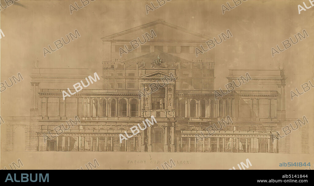 Gottfried Semper, front view. Design of the Imperial Theater in Rio de Janeiro, old stock, probably a 1903, copy paper, black and white positive process, sheet size: height: 35 cm; width: 60 cm, inscribed: exposed: FAÇADE SUR LA PLACE, inscribed: recto on the cardboard: in lead: Theater for Rio Janeiro, front view, cut through an architecture, opera house, architecture, architectural drawing or model, facade ,house, building, theater, theater performance, hist. building, locality, street.