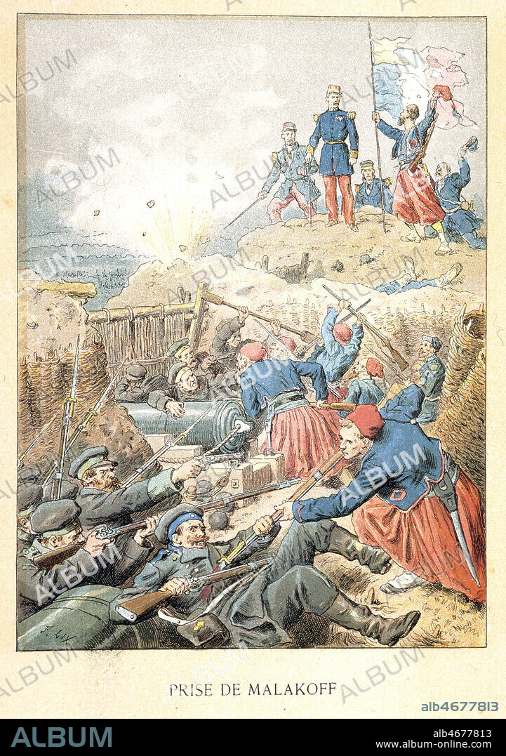 'J'y suis j'y reste' Prise de Malakoff par les zouaves de la division de MAC-MAHON (1808-1893) le 8 septembre 1855 pendant la campagne de Crimee. Illustration de 1889 par Fredrich LIX (1830-1897) pour la France a travers les siecles de Henriette de WITT (1829-1908). Credit : Coll. Jonas/KHARBINE-TAPABOR.