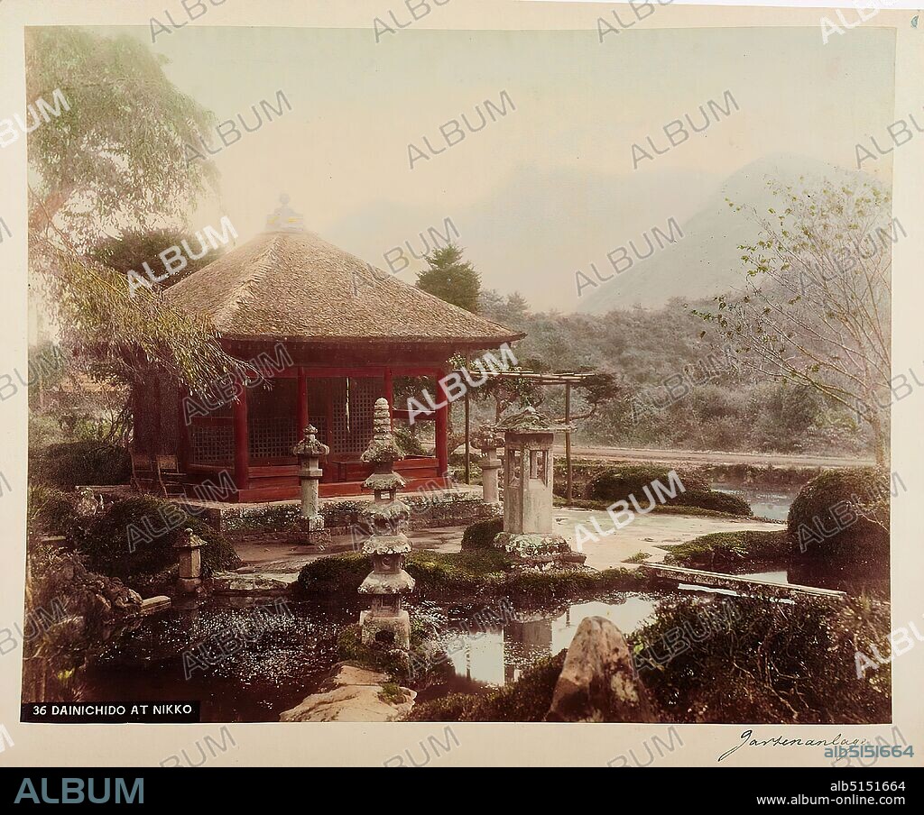 Kazumasa Ogawa, Dainichido at Nikko, albumin paper, black and white positive process, hand-colored, image size: height: 21.00 cm; width: 26.00 cm, titled: recto u. li.: No. 36 Dainichido at Nikko, labeled: recto u. right: in black ink: garden, inscribed: recto o. r.: printed in blue: 83, travel photography, temples and sanctuaries (Hinduism, Buddhism, Jainism).