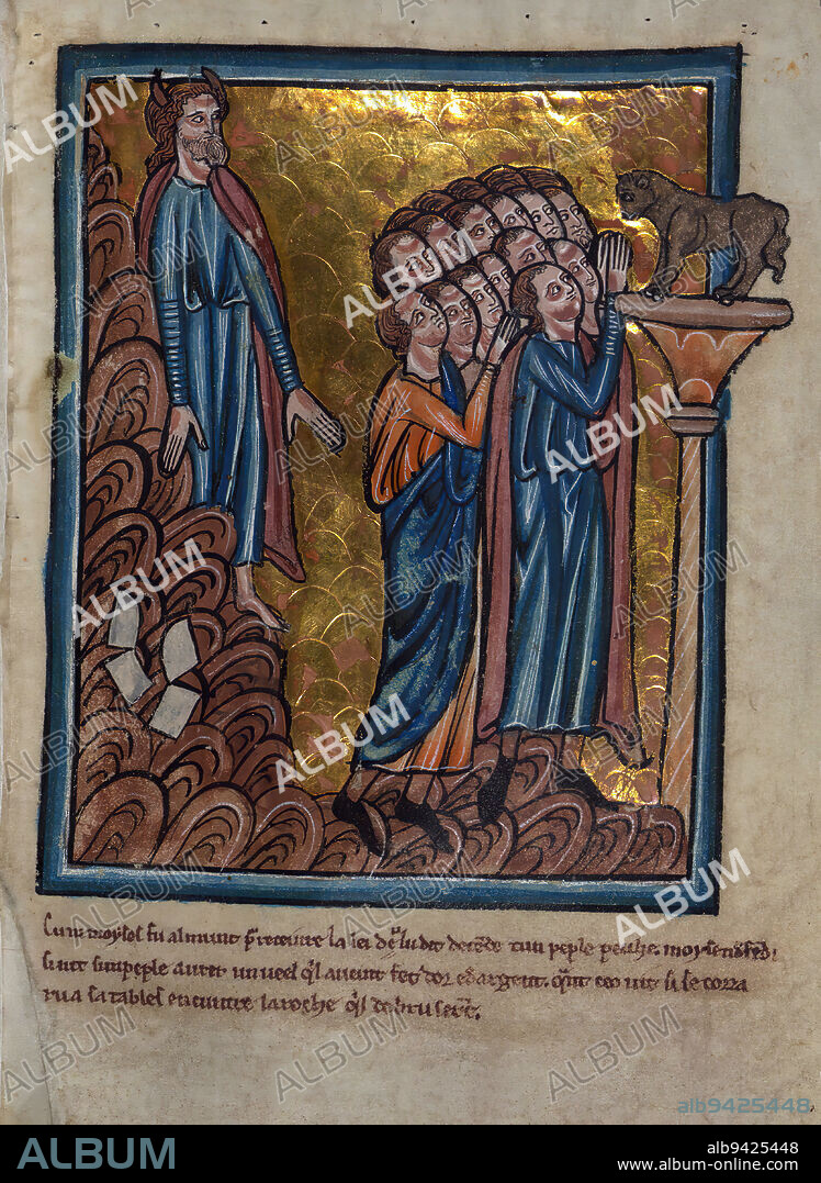 Illuminated Manuscript, Bible Pictures by William de Brailes, The Israelites Worship the Golden Calf and Moses Breaks the Tablets, A volume comprising twenty-four leaves of Bible Pictures by W. de Brailes, an English artist active in Oxford in the middle of the thirteenth century. Seven leaves from the same set of images are now in the Musee Marmottan in Paris. These 31 leaves are all that remain of an image cycle that once contained at least 98 miniatures, and which was the longest cycle of Bible miniatures surviving from the thirteenth century in England. In all probability these Bible Pictures were actually prefatory matter to a Psalter, now Stockholm, National Museum, Ms. B.2010. De Brailes also composed and wrote the captions that accompany many of the images. W. de Brailes is one of only two English artists of the thirteenth century whose name we can associate with surviving works. 11 manuscripts have been identified that contain miniatures in his hand. De Brailes has a quirky and chatty style, and he was extremely gifted at turning Bible Stories into paint.