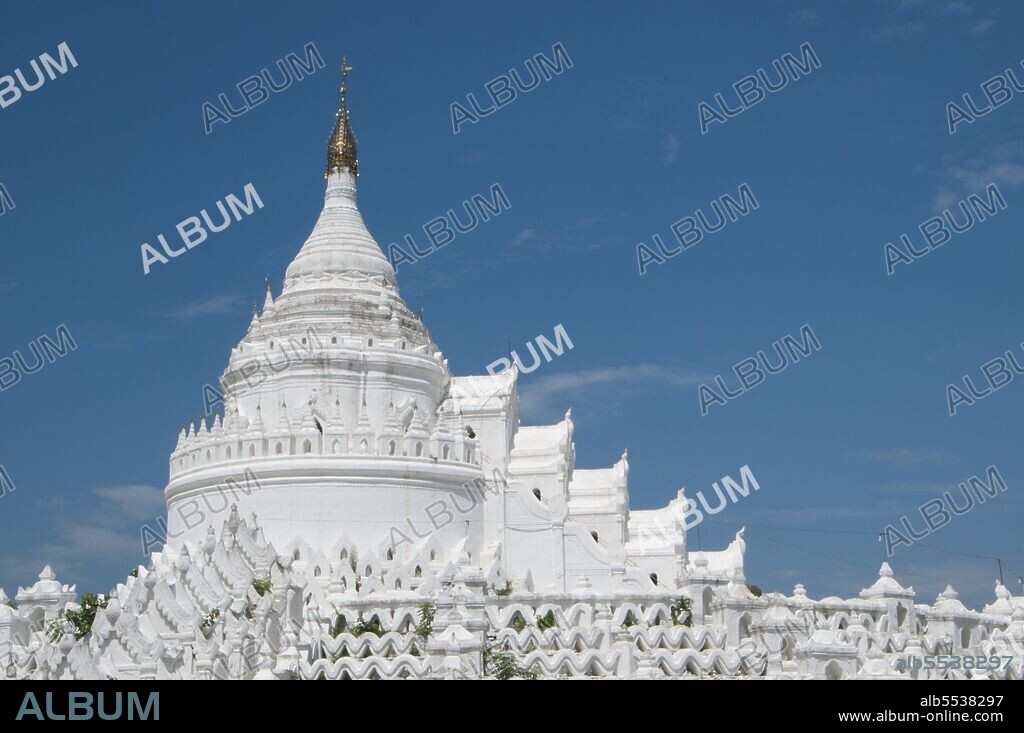 The Hsinbyume Pagoda was built in 1816 by King Bagyidaw (1784 - 1846), the seventh king of the Konbaung Dynasty. He built it for his first wife, Princess Hsinbyume who died in childbirth in 1812. The pagoda is also known as the Myatheindan Pagoda. The pagoda's design is based on the mythical Sulamani Pagoda found on Mount Meru, with the seven lower concentric terraces representing the mountain ranges leading to Mount Meru.