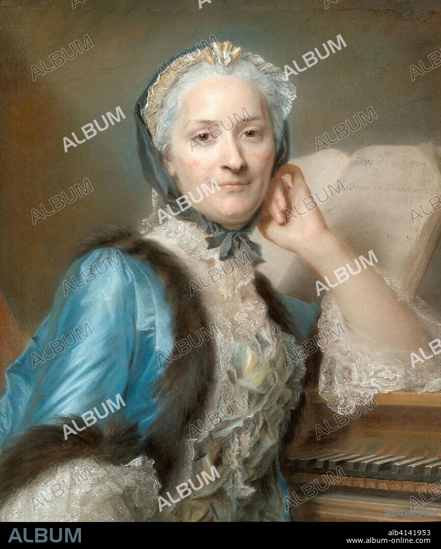 QUENTIN DE LA TOUR. Portrait of Madame Anne-Jeanne Cassanéa de Mondonville, née Boucon (1708-1780). Maurice Quentin de Latour; French, 1704-1788. Date: 1752. Dimensions: 660 × 550 mm. Pastel on blue-gray laid paper, laid down on canvas and wrapped around a strainer, enlarged by the artist with a band of paper about 3 cm high. Origin: France.