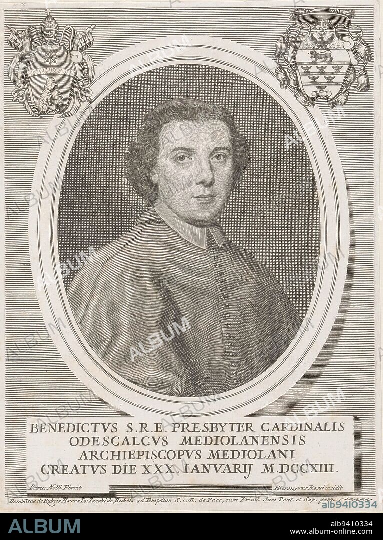 Portrait of Cardinal Benedetto Erba-Odescalchi, print maker: Girolamo Rossi (II), (mentioned on object), after: Pietro Nelli, (mentioned on object), publisher: Domenico de'Rossi, (mentioned on object), print maker: Rome, after: Italy, publisher: Rome, Vaticaanstad, 1713 - 1762, paper, engraving, h 210 mm - w 159 mm.