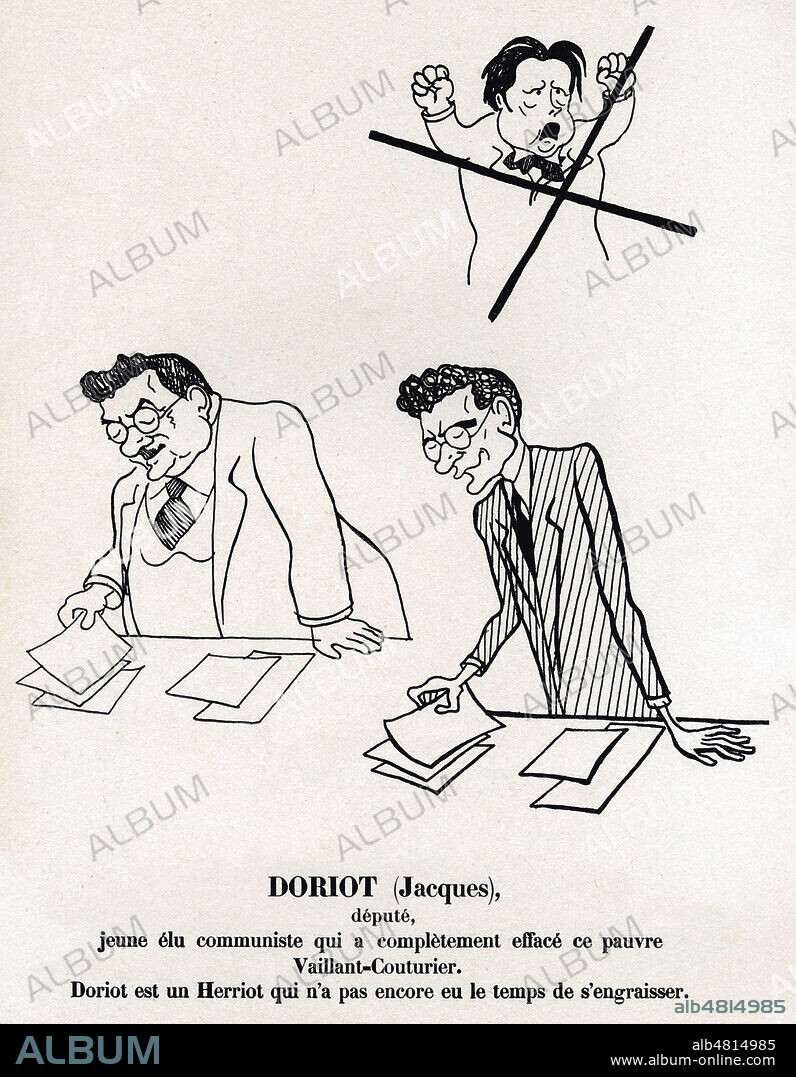 Jacques DORIOT (1898-1945) depute, jeune elu communiste qui a completement efface ce pauvre VAILLANT-COUTURIER. Doriot est un HERRIOT qui n'a pas encore eu le temps de s'engraisser. Caricature de 1926 par SENNEP (1894-1982) pour Cartel et Cie. ADAGP. Credit : Collection KHARBINE-TAPABOR.