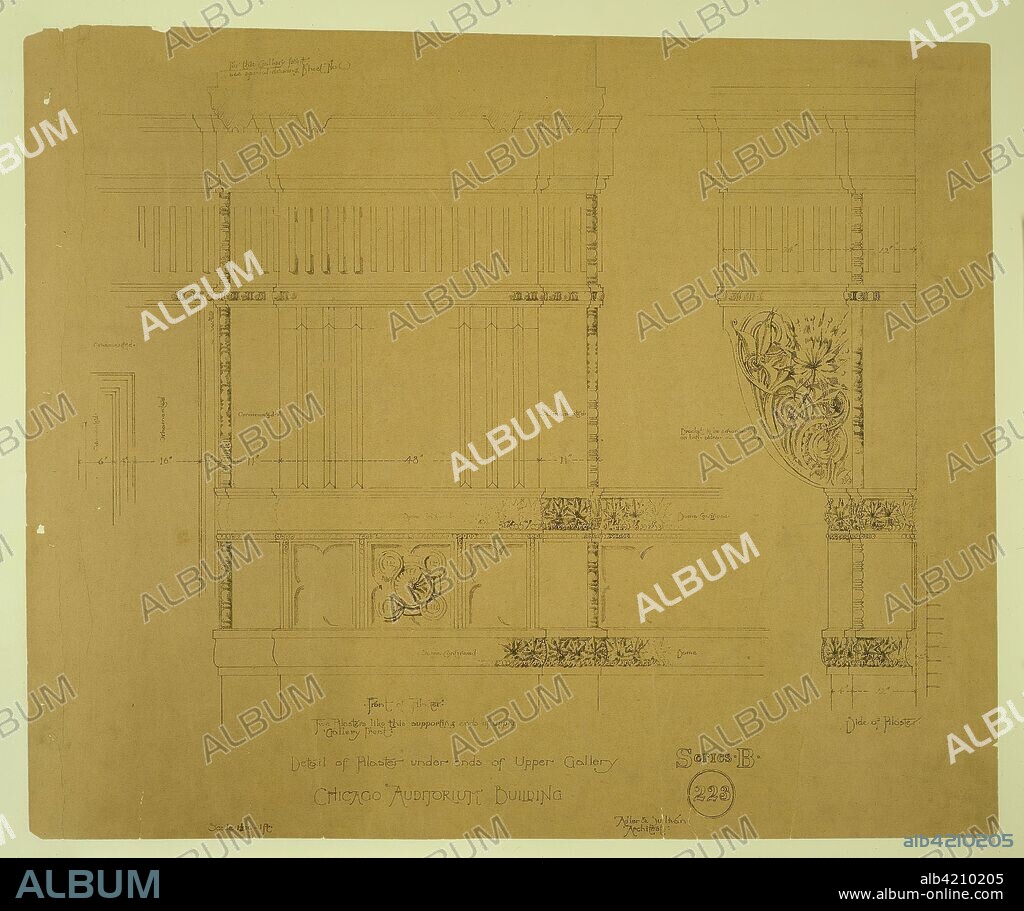 ARCHITECTS ADLER & SULLIVAN. Auditorium Building, Chicago, Illinois, Ornamental Plaster Work, Pilaster Details. Adler and Sullivan; American, 1883-1895. Date: 1886-1889. Dimensions: 66 × 101.4 cm (26 × 39 15/16 in.). Hectograph print on paper mounted on board. Origin: Chicago.