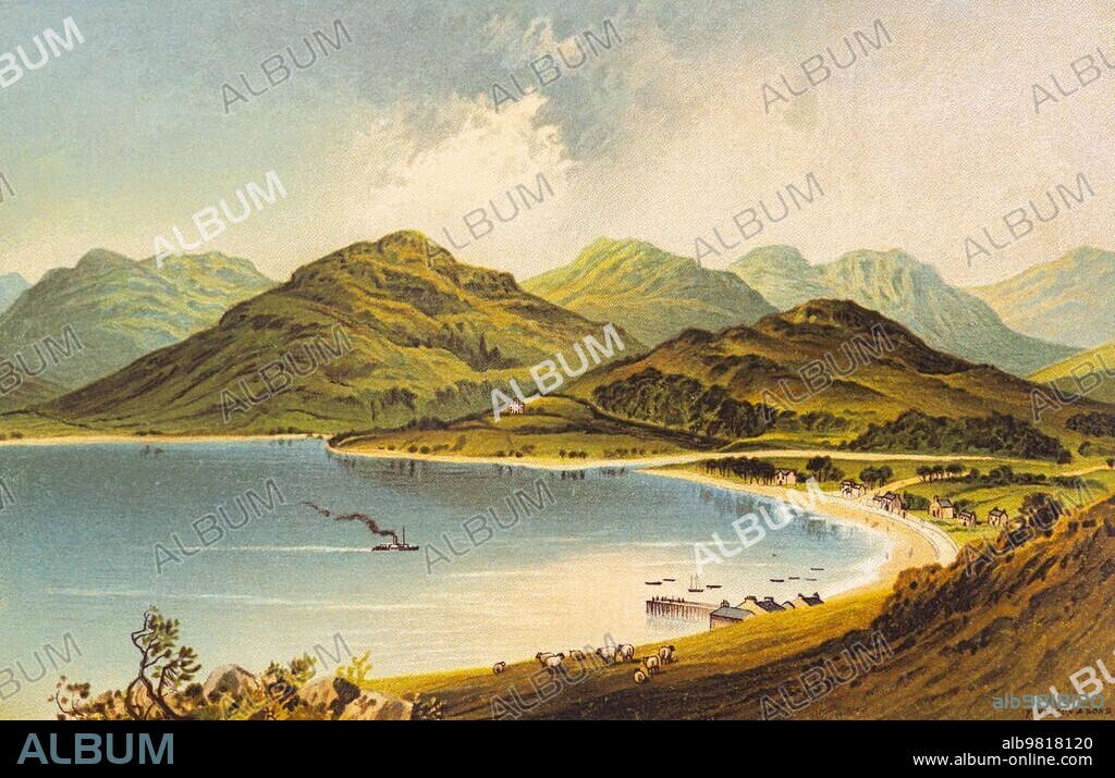 Loch Goil Head; southern highlands; fjord; mountain landscape; beach; shore; building; jetty; steamboat; nature; solitude; tranquillity; trees; sheep; colour historical illustration 1889; Scotland; Great Britain.