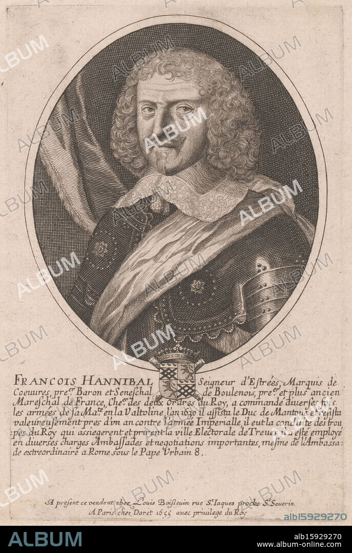 Portrait of François Annibal d'Estrées, Francois Hannibal (title on object), print maker: Jean Frosne, (attributed to), publisher: Louis Boissevin, publisher: Pierre Daret, print maker: France, publisher: Paris, publisher: Paris, 1655, paper, engraving, etching, height 210 mm × width 137 mm, print.