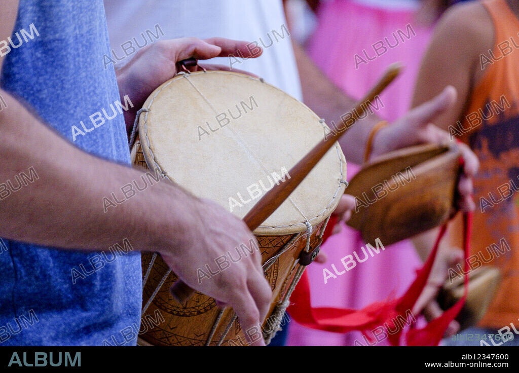Castanets (castanyoles) made of juniper and drum, Ibizan folk dance instruments, Ibiza, Balearic Islands, Spain.