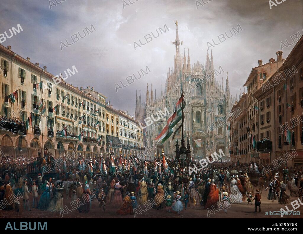 Carlo Bossoli. 1815-1884. The mass in the Cathedral in commemoration of the fallen at the Five Days of Milan celebrated in April 1848. 1848. tempera on paper transferred to canvas cm 93.5 x 121.5.