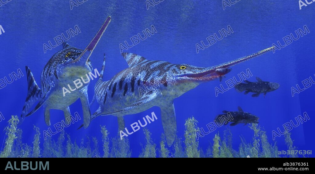 A coelacanth fish becomes prey for a Eurhinosaurus marine reptile in a Jurassic ocean.