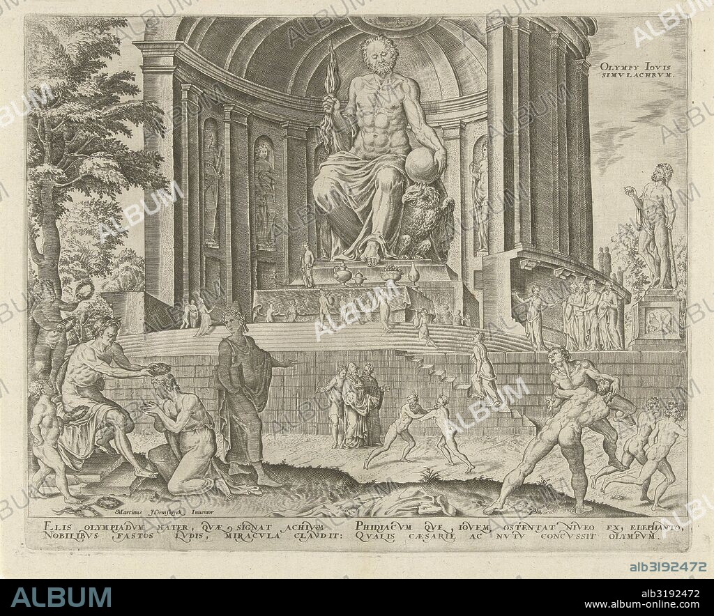 Statue of Zeus at Olympia, Philips Galle, Hadrianus Junius, 1572.