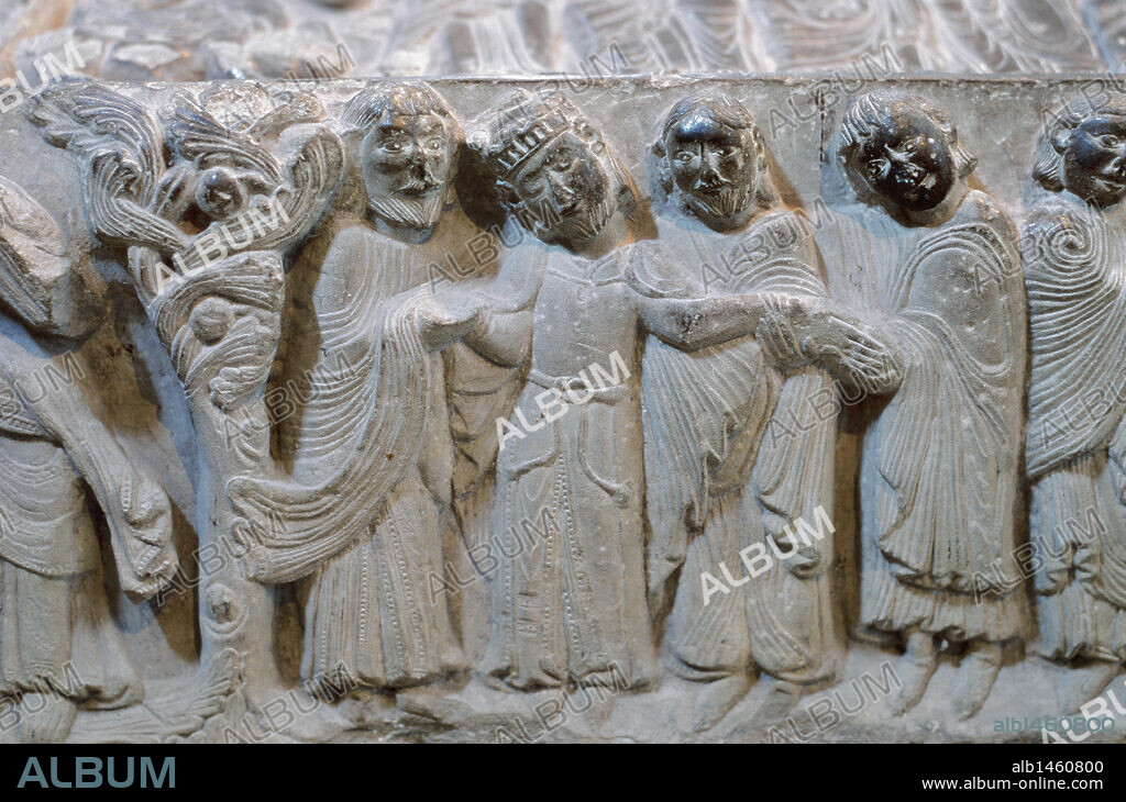Sancho III of Castile (1134-1158) and his courtiers. Relief from the sepulcher of his wife, Blanche of Navarre. Romanesque. 12th century. Monastery of Santa Mari´a la Real. Najera. La Rioja. Spain.