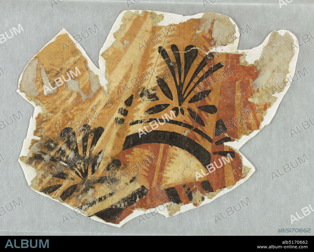 Sidewall - fragment, Block-printed, Irregular fragment of empire border with drapery swags in cream, brown, and rust with black sprigs and bands superimposed. Printed in black, rust, light brown and off-white., USA, ca. 1805, Wallcoverings, Sidewall - fragment.