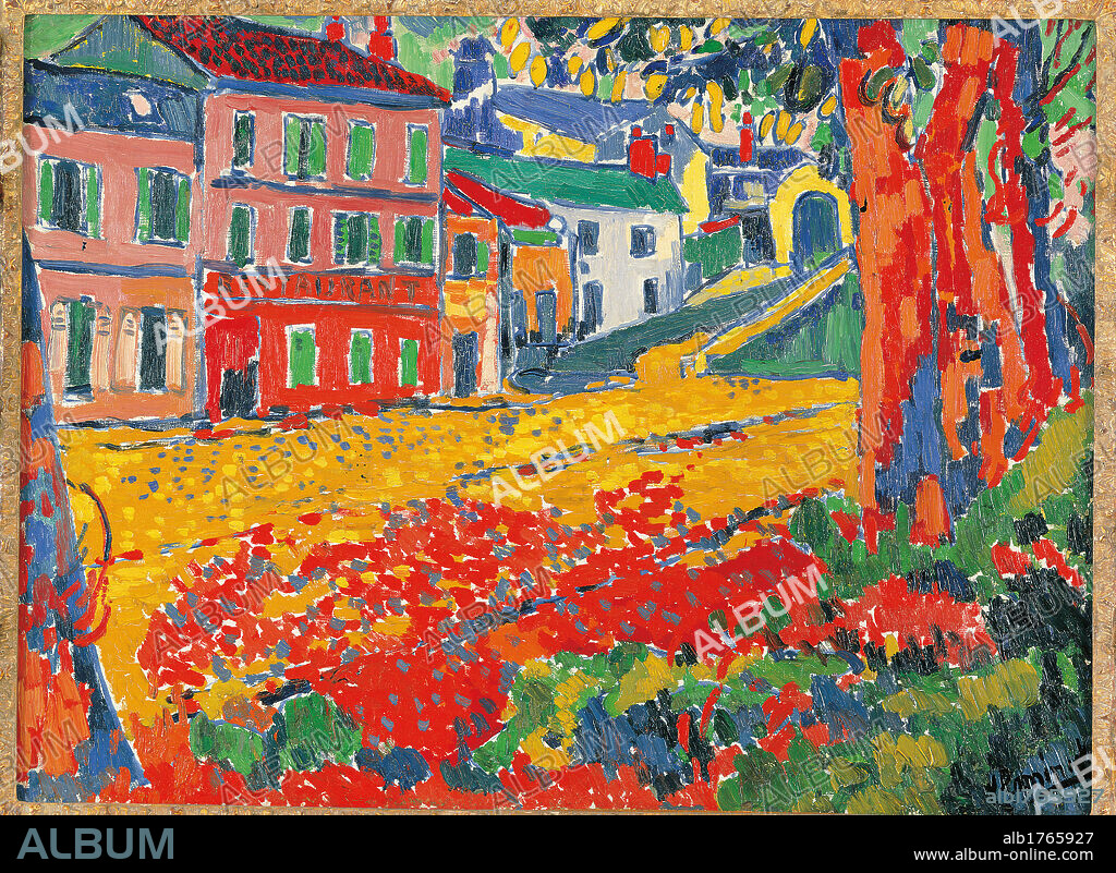 Restaurant La Machine at Bougival, by Unknown Artist, 1905 about, 20th Century, oil on canvas, cm 60 x 81,5. France, Ile de France, Paris, Muse dOrsay, RF1973-26. All. Restaurant at Bougival plants orange green blue red houses window road.  Please remember that author's rights have to be cleared for modern and contemporary works of arts.