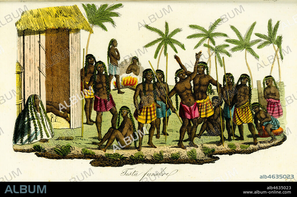 Funeral wake among the Luanda people of Angola. Mourners wail as visitors arrive to view the corpse in a hut, the women wearing fragrant leaves on their heads, while men with spears dance to music from drums and traditional instruments. Handcoloured copperplate engraving after Jean-Baptiste Douville from Giulio Ferrario's Costumes Ancient and Modern of the Peoples of the World, Florence, 1834.