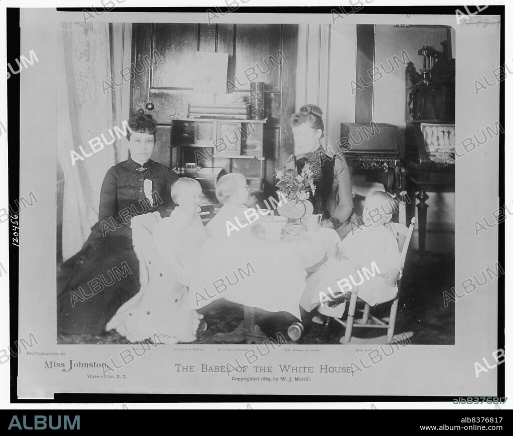 FRANCES BENJAMIN JOHNSTON. The babes of the White House, c1889. Mrs. McKee, Mary Lodge McKee, Marthena Harrison, Mrs. Russell Harrison, and Baby McKee (Benjamin Harrison McKee), seated around table.
